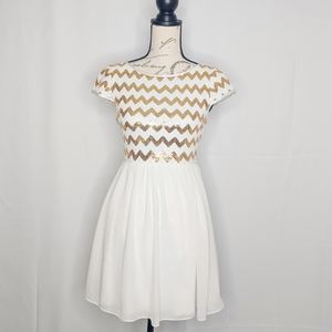 Juniors white and gold sequin party dress
